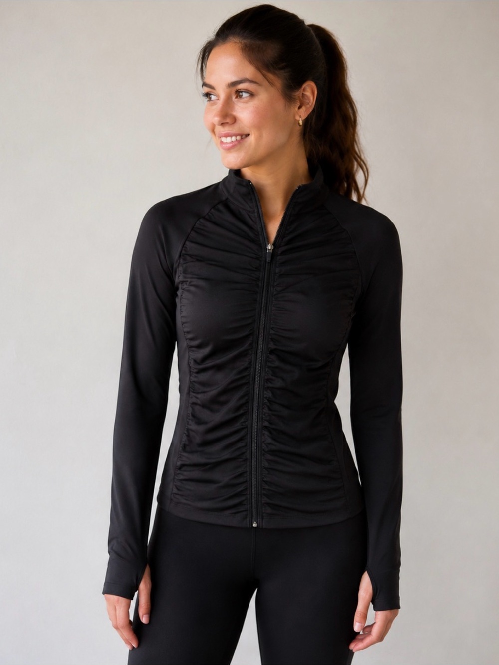 Ebb & Flow Women's Black Ruched Zip-Front Active Jacket Size Medium